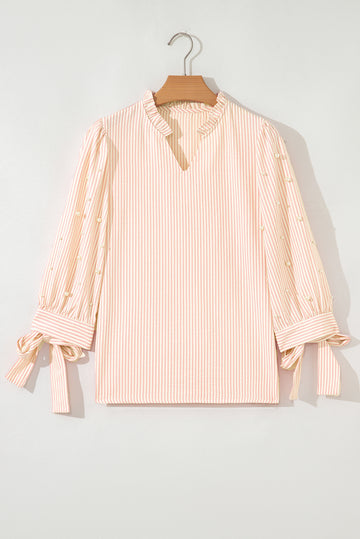 Pink Stripe Bow Knot Cuff Pearl Embellished Puff Sleeve V Neck Blouse