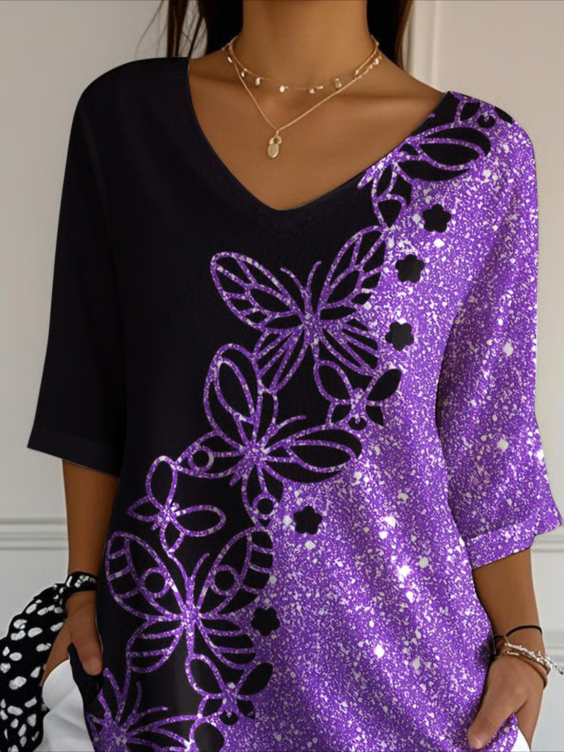 Floral Three Quarter Sleeve Tee T-shirt V Neck Printing Casual Spring/Fall Graphic Tee Top