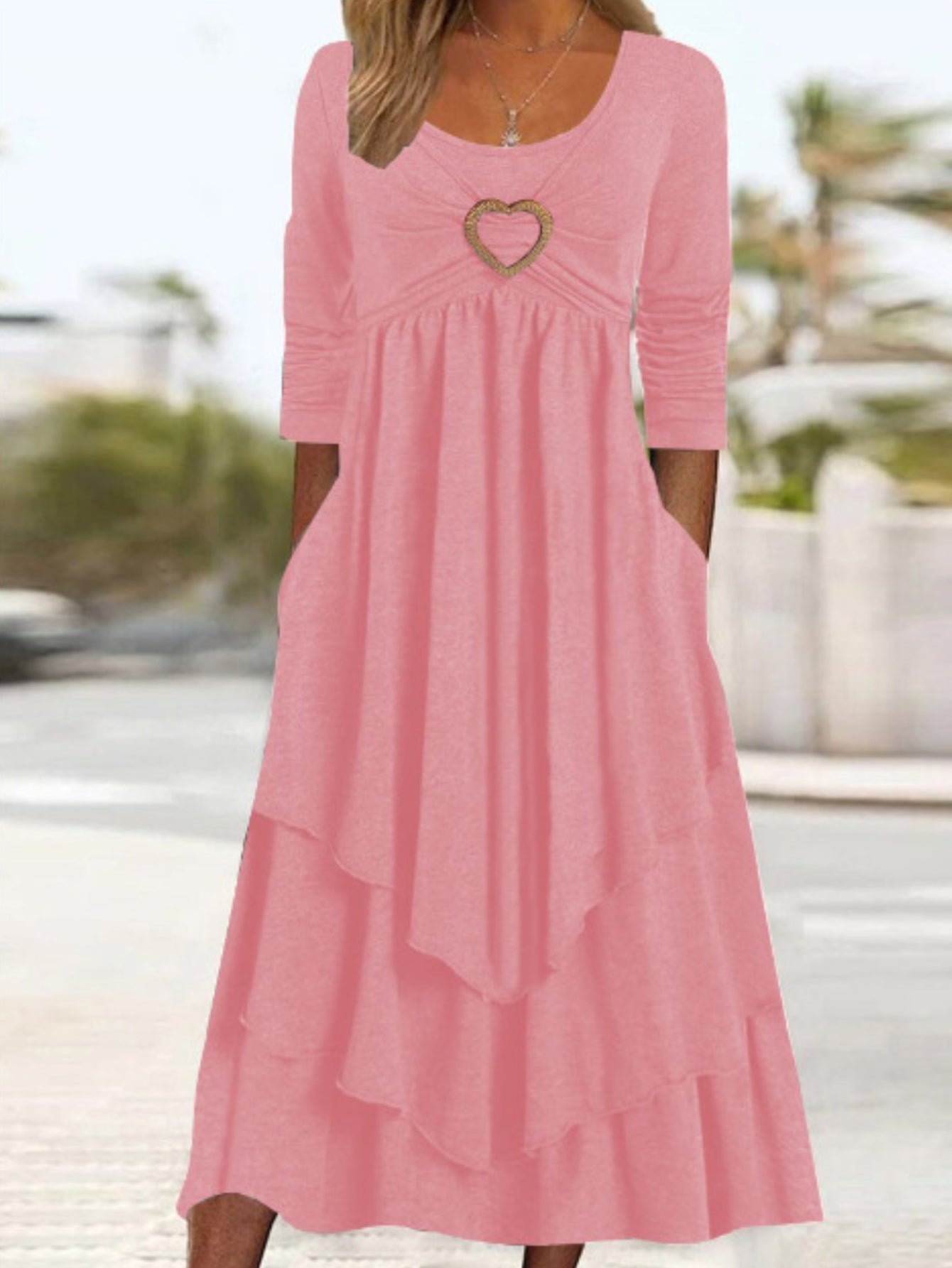 Women's Plain Long Sleeve Layered Heart Ring Decor Round Neck Maxi Dress