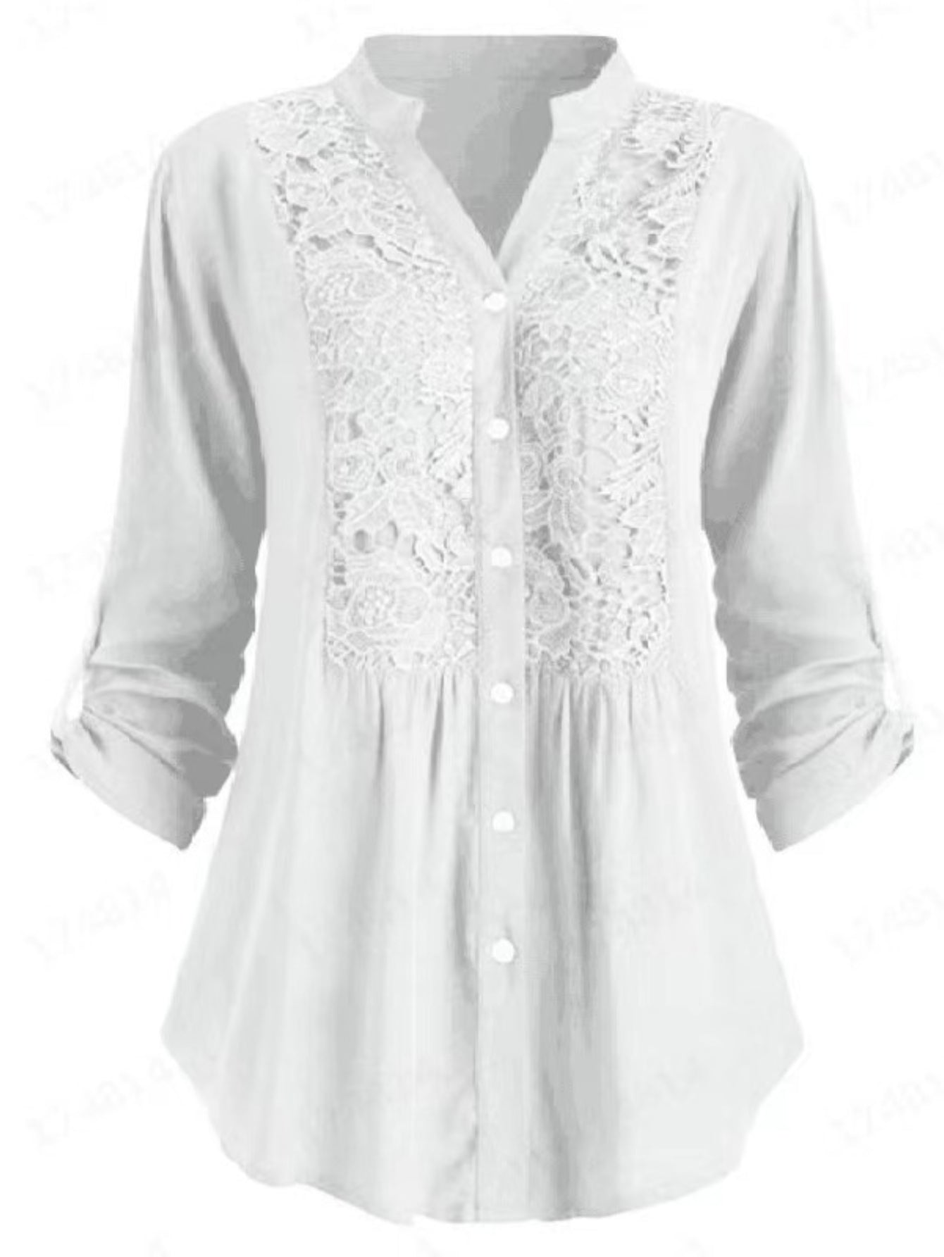 Vintage Lace Splicing Button Front Blouse - Half Sleeve Notched Neck Top