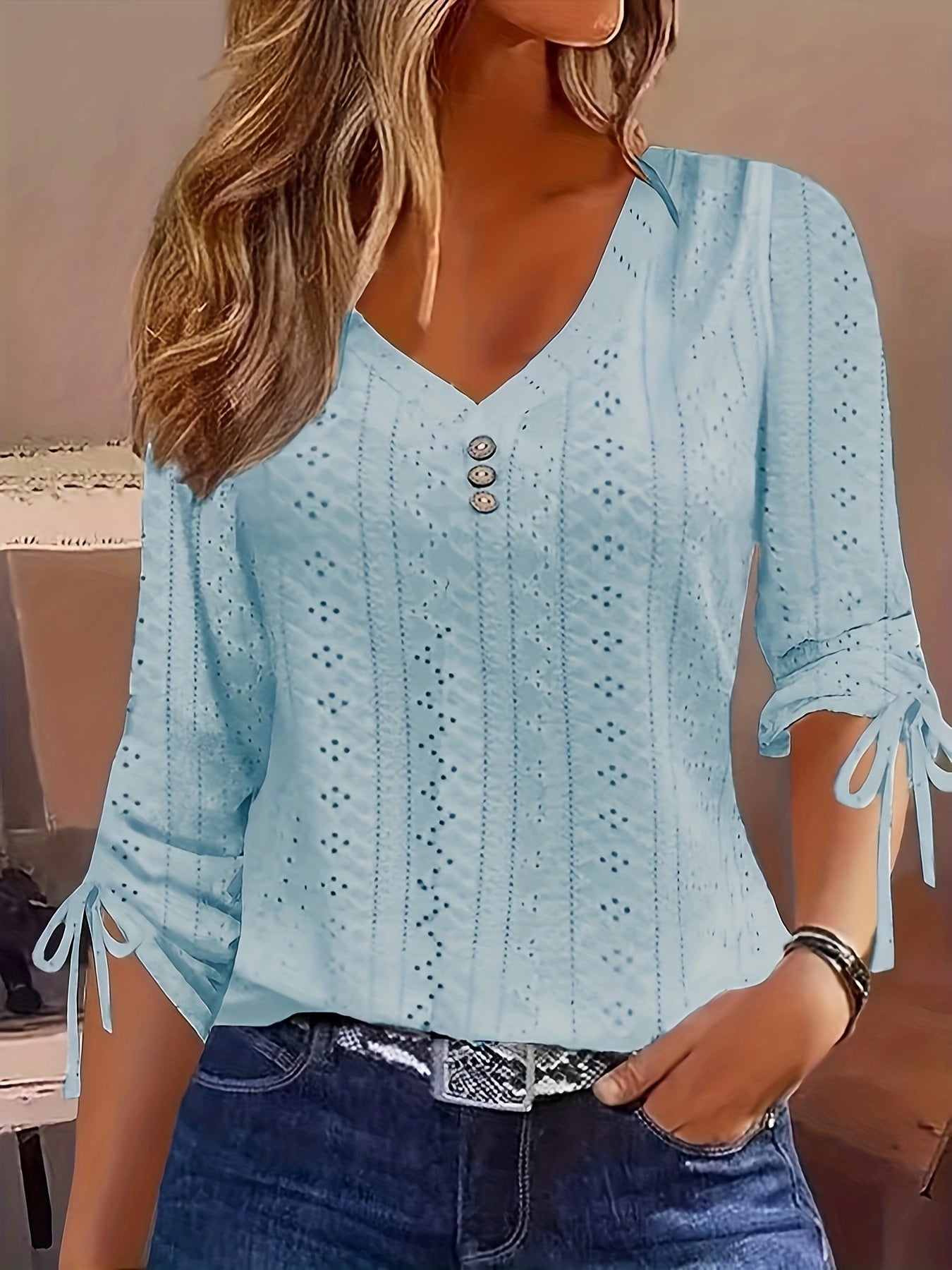 Women's Solid Eyelet Embroidery Ruched Tie Long Sleeve Button Decor V Neck Slight Stretch Top