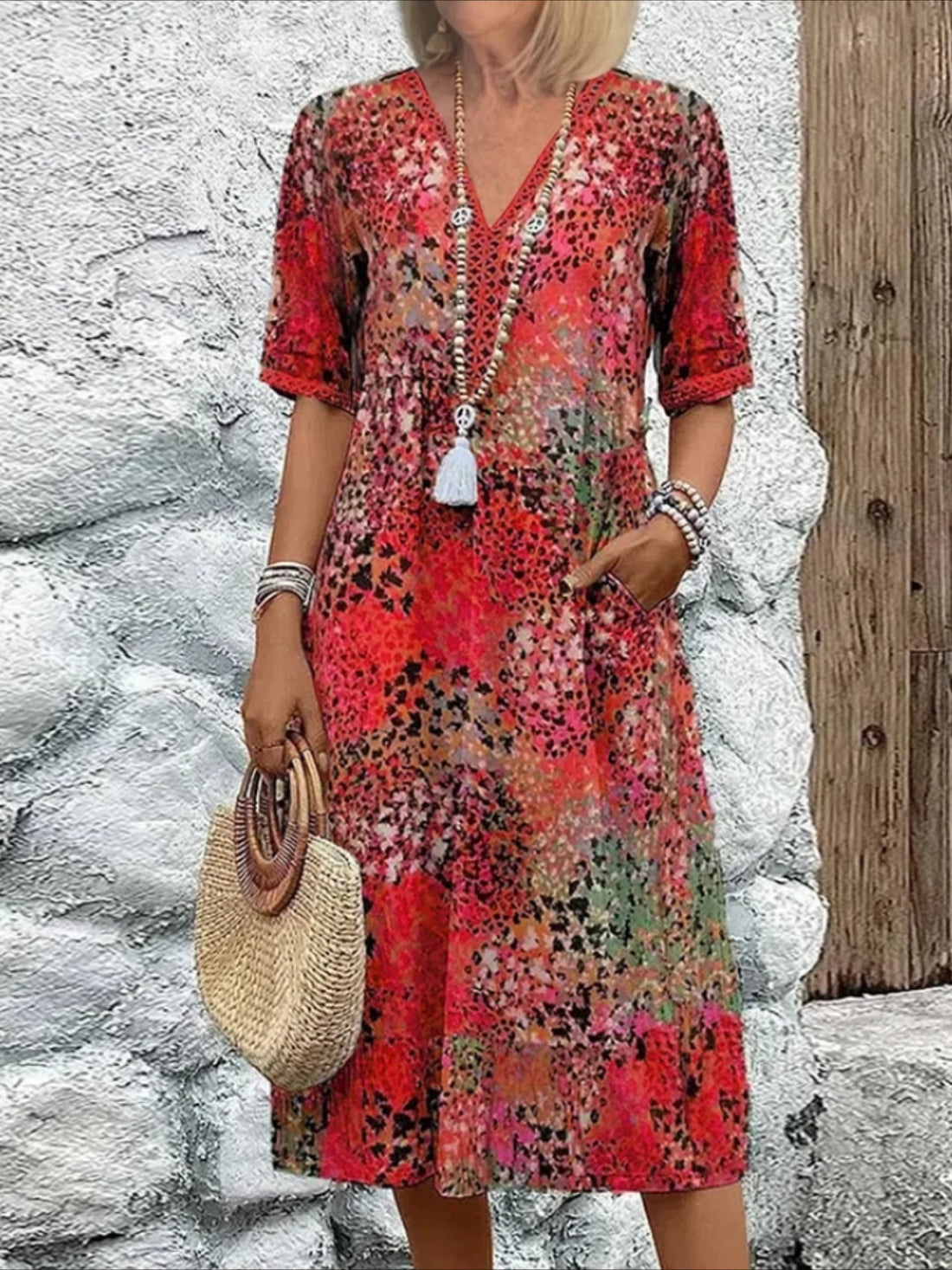 V Neck Short Sleeves Print Casual Midi Dress