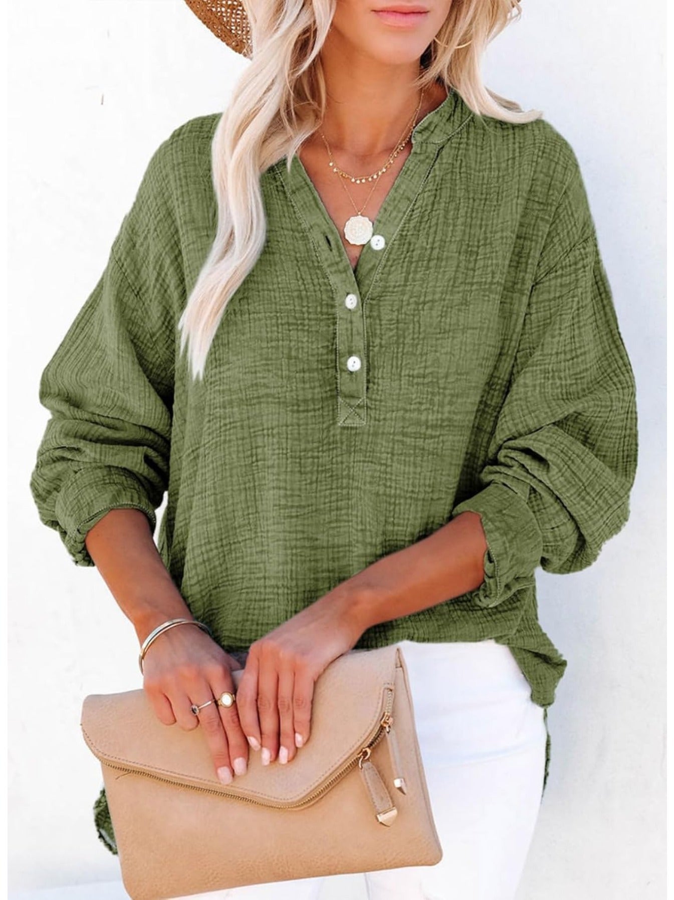 Long Sleeve Button Solid Color Pleated Detail Casual Oversized V-Neck Blouse