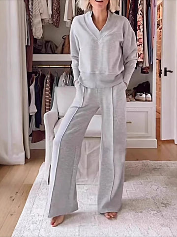 Split Joint Plain Daily Going Out Casual Spring/Fall Top With Pants Matching Two-Piece Set