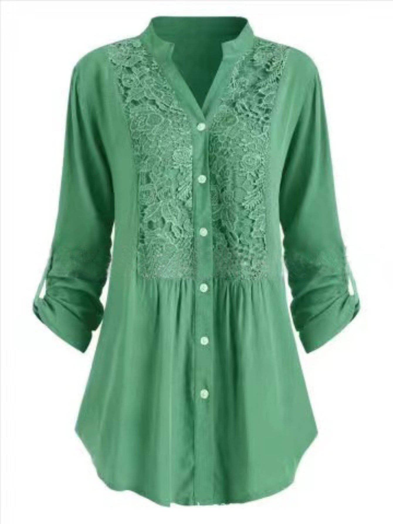 Vintage Lace Splicing Button Front Blouse - Half Sleeve Notched Neck Top