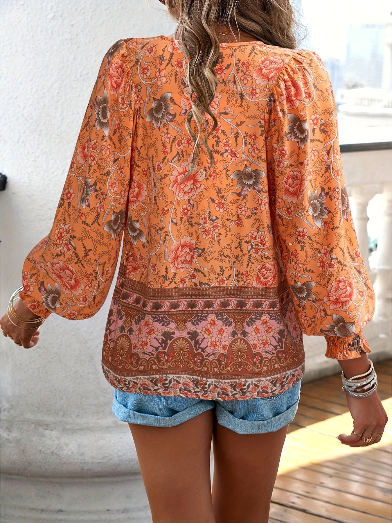 Drawstring Long Sleeve Casual Floral Print V Neck Blouse