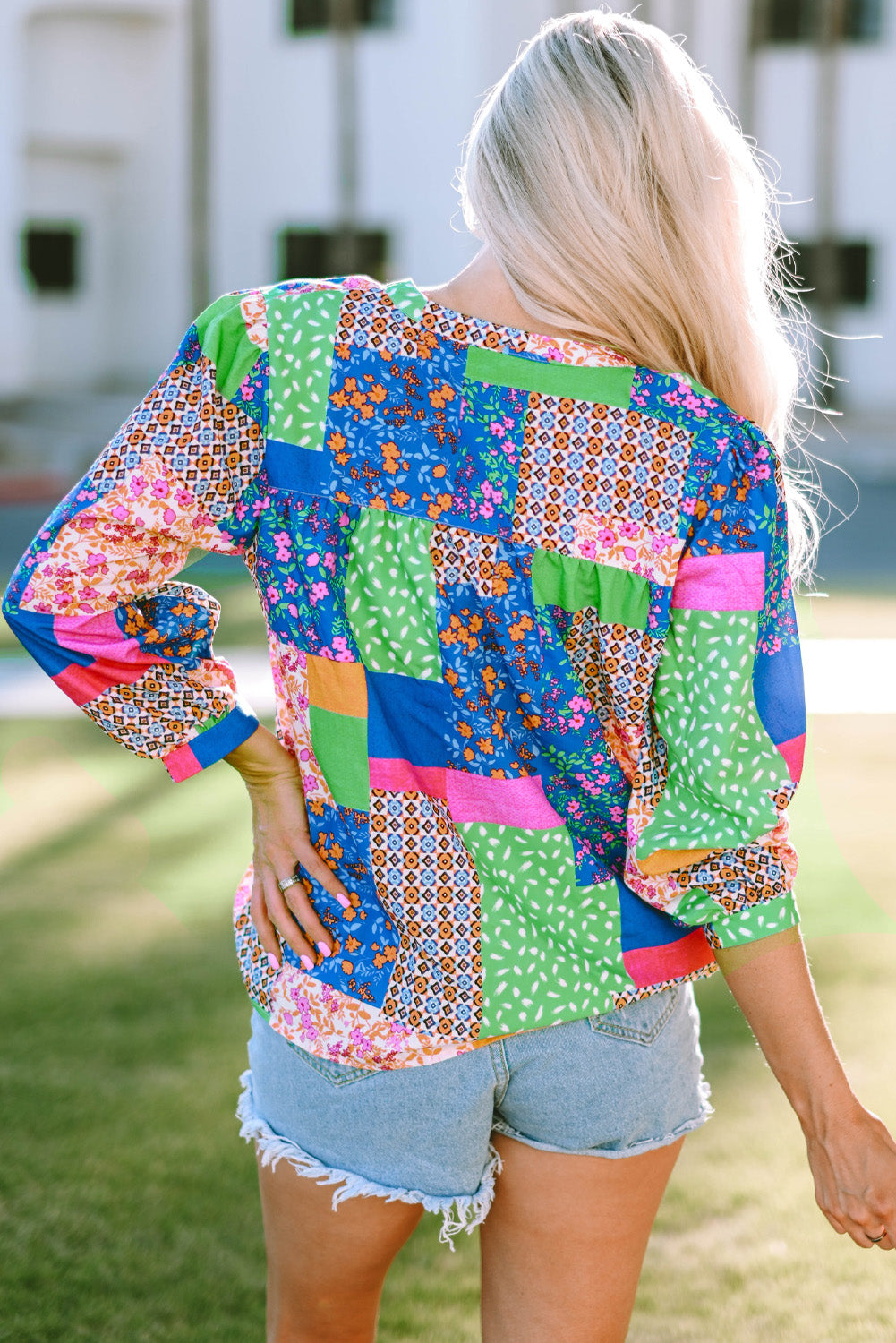 Multicolor Floral Patchwork Print Buttoned Puff Sleeve Shirt