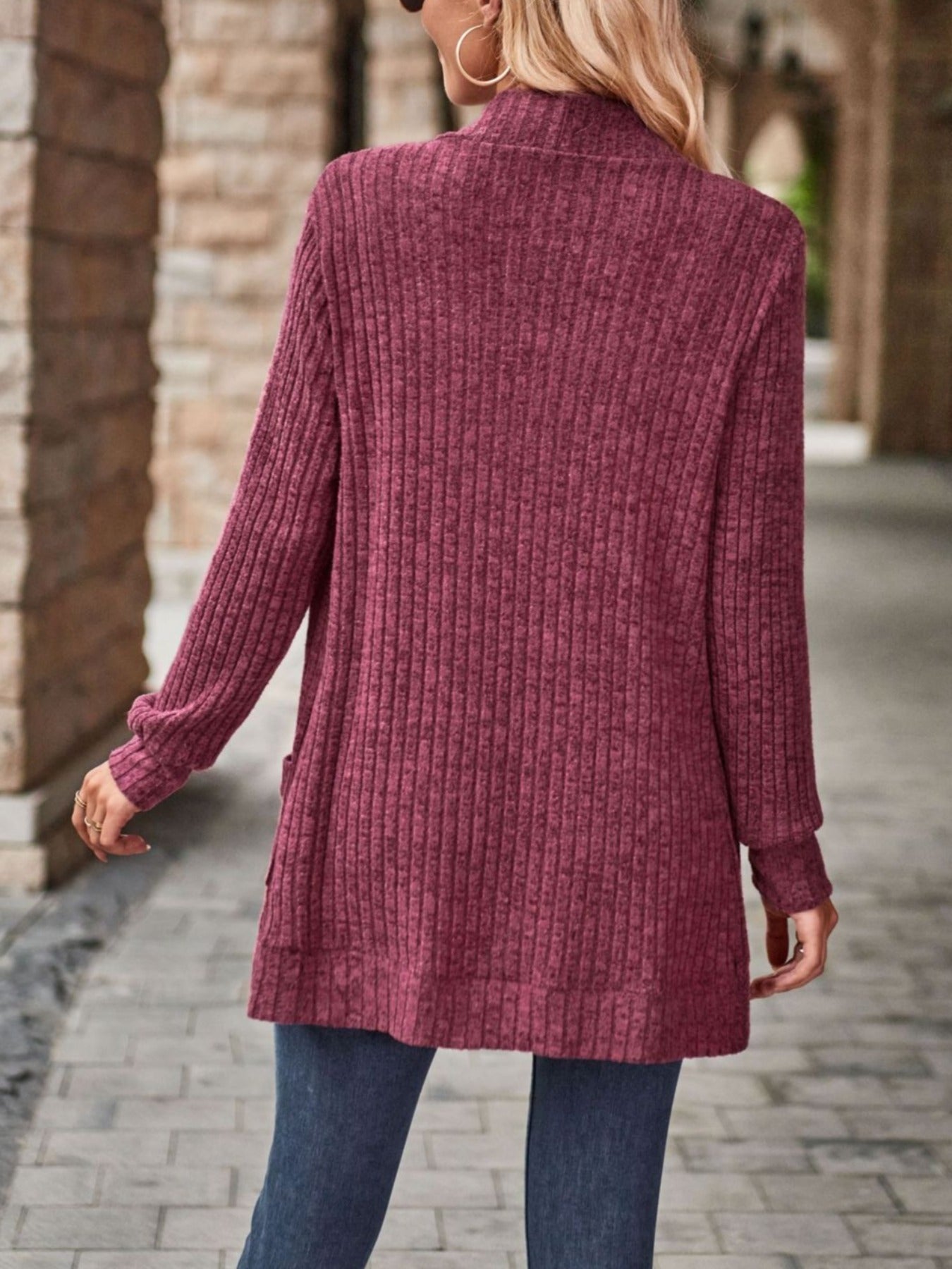 Loose Fit Long Sleeve Open Collar Casual Blouse with Side Pockets