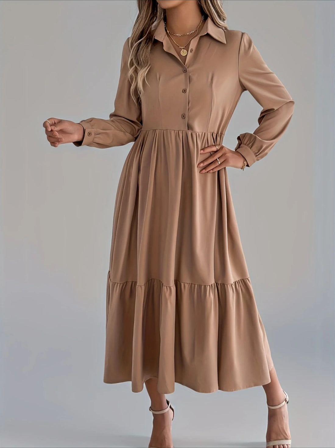 Elegant Solid Color Ruffle Hem Long Sleeve Lapel Collar Midi Dress