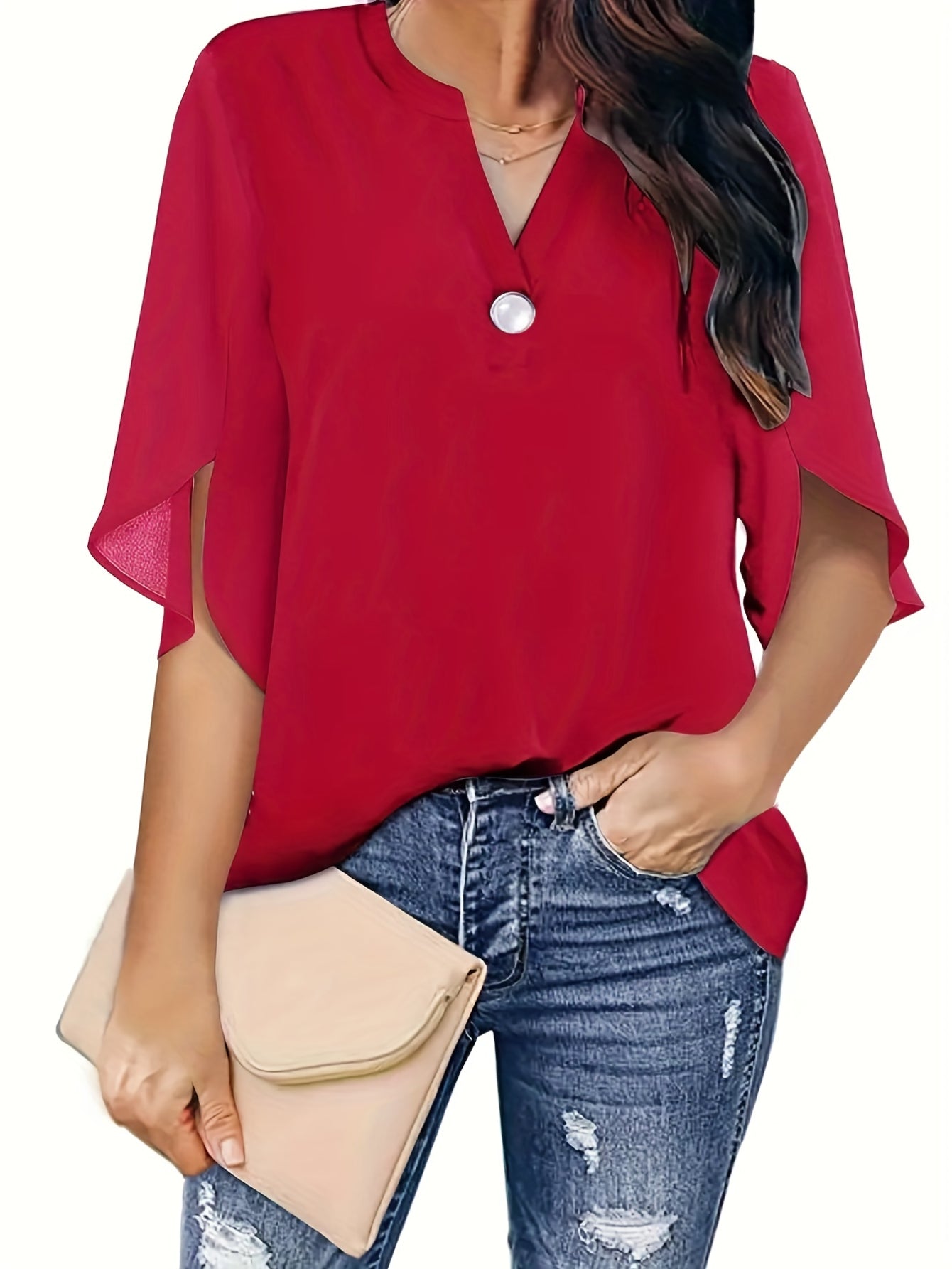 Elegant Top, Women's Plain Button Decor Half Sleeve V Neck Slight Stretch T-shirt