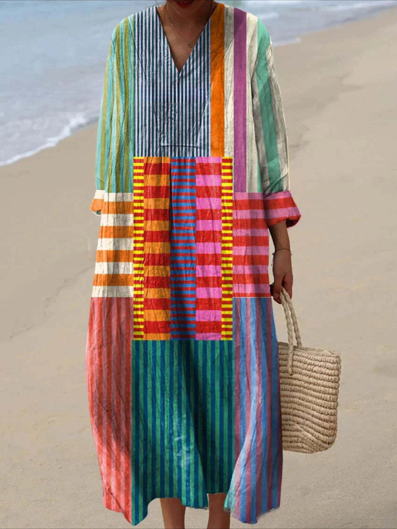 Graphic Geometric Stripe Long Sleeve V Neck Crew Neck Pullover Midi Dress