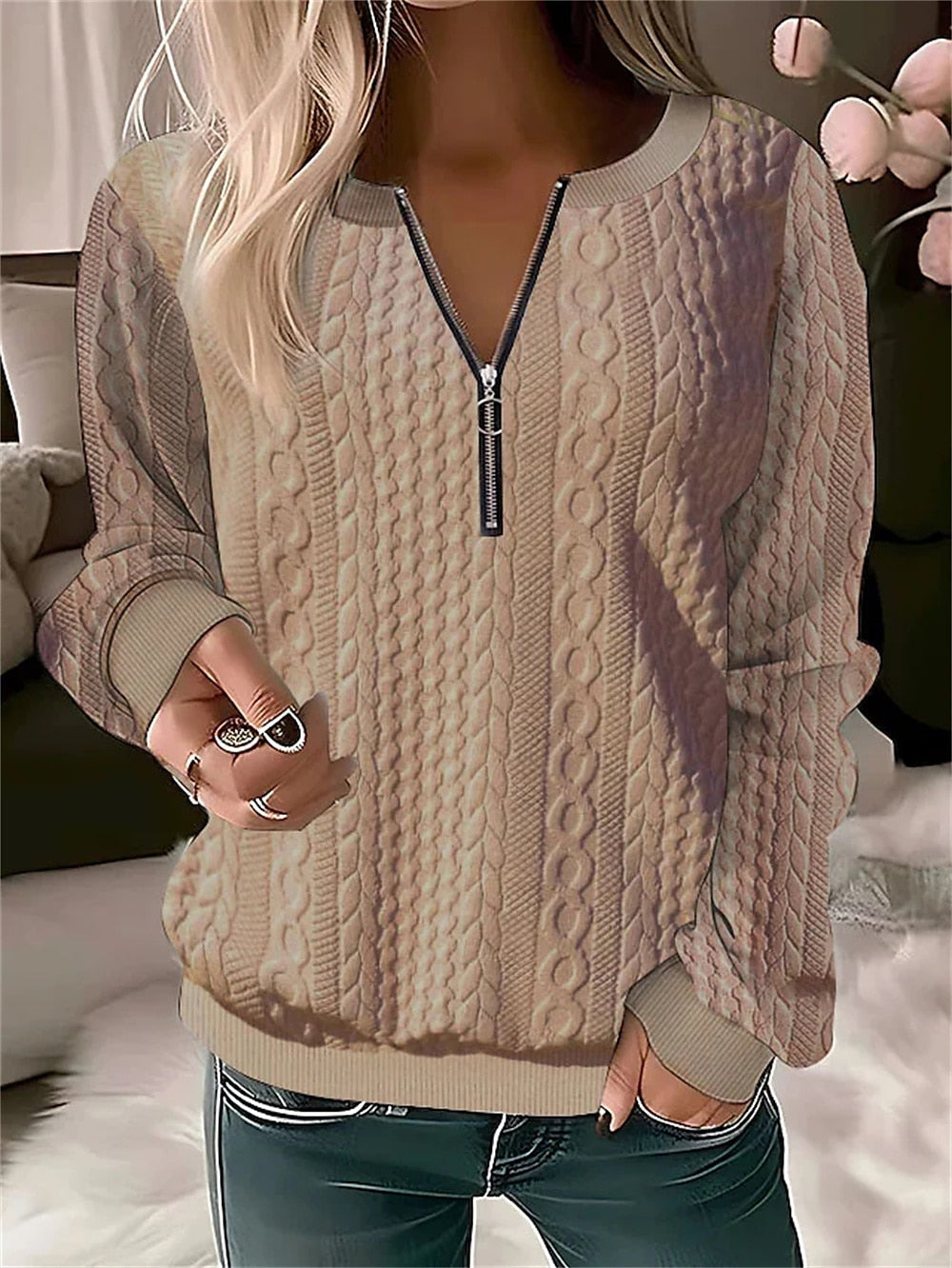 Pullover Basic Quarter Zip Solid Color Street Round Neck Long Sleeve Textured Top