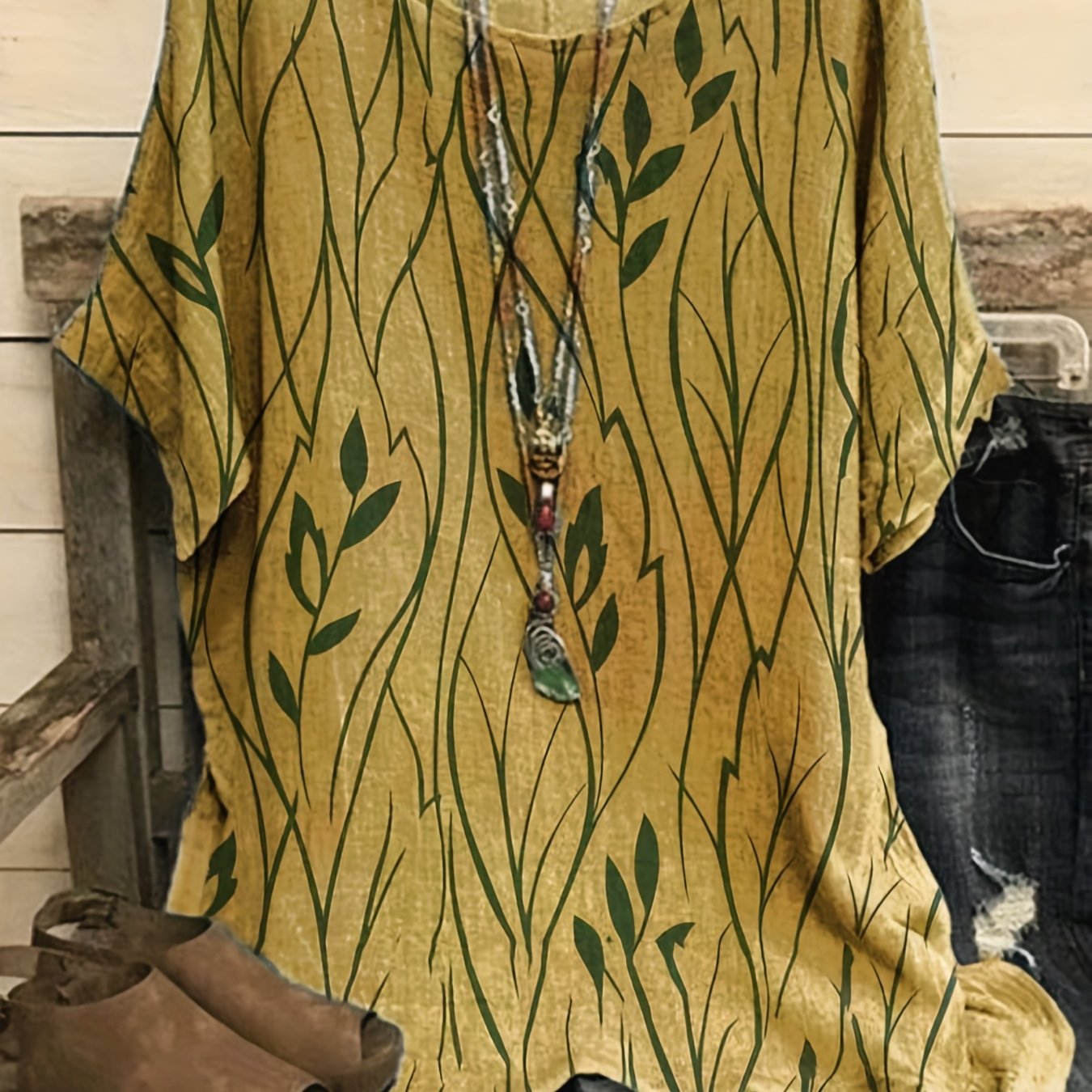 Print Crew Neck Blouses, Casual Loose Half Sleeve Fashion Shirts Tops, Women's Clothing