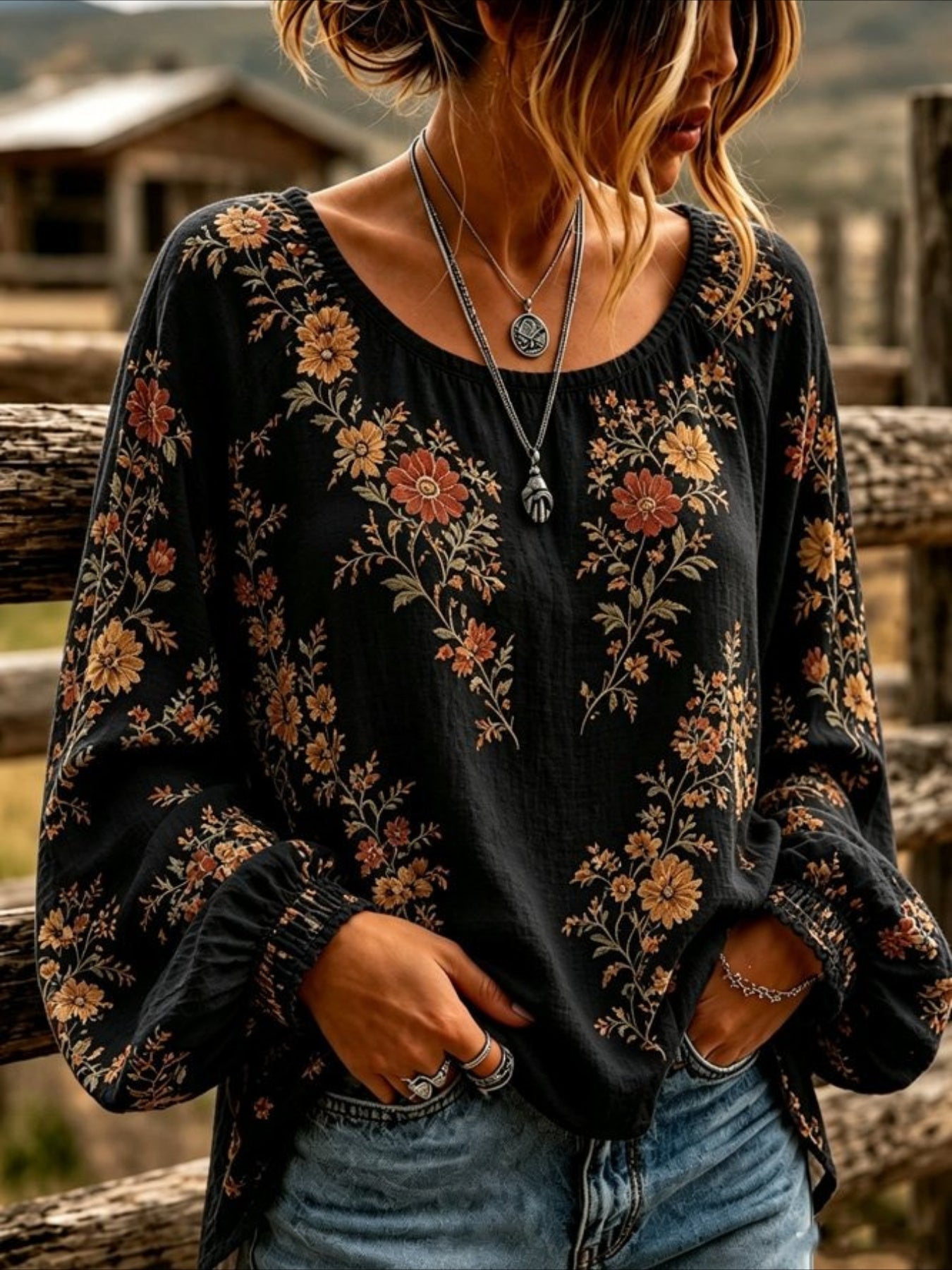 Daisy Floral Crew Neck Long Sleeve Blouse