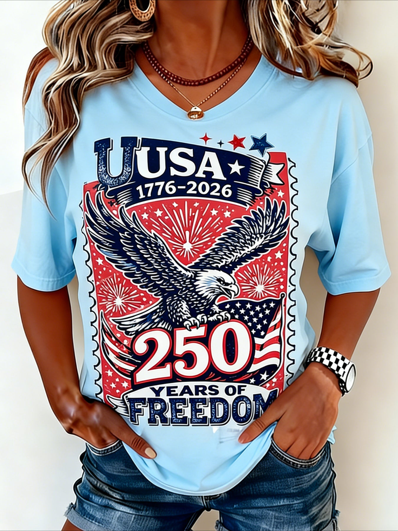 Casual Vintage America 250 Years Printing Crew Neck Short Sleeve T-shirt