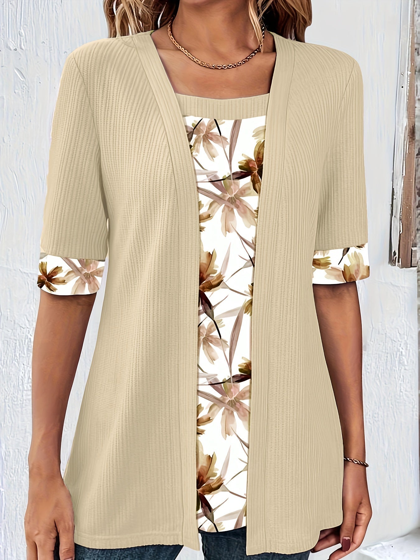 2-in-1 Floral Print T-shirt, Half Sleeve Square Neck Casual Top