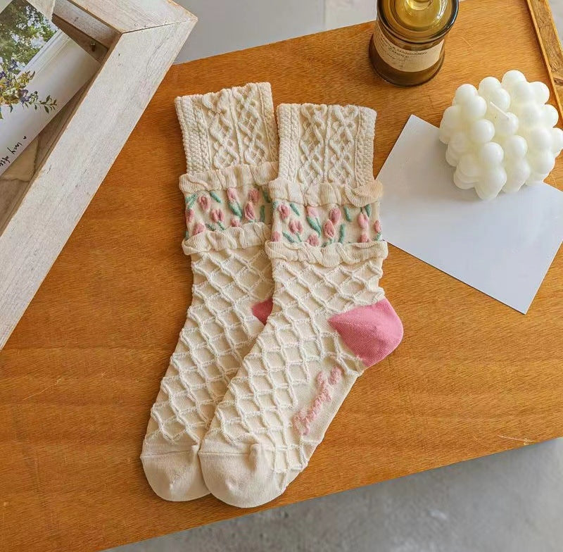4pairs Floral Socks Set, Women Cute Flower Geometric 3D Textured Ankle Cotton Blend Cottagecore Lucky Socks