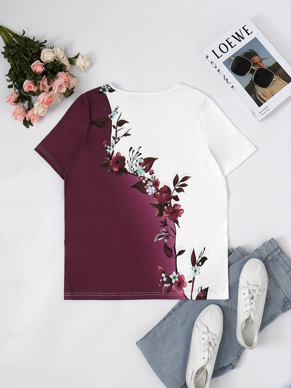 Vintage Notched Neck Floral Print Color Block T-Shirt