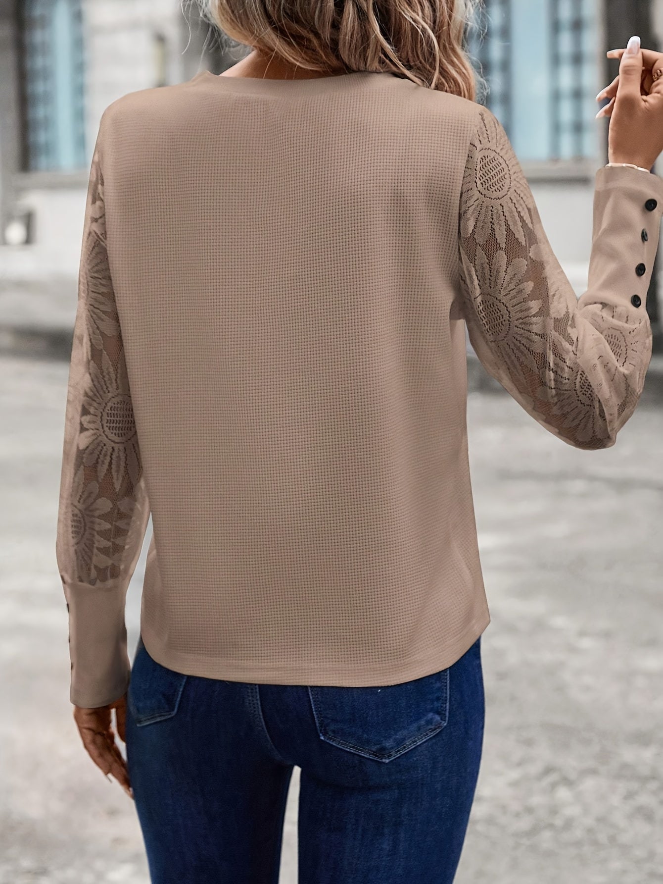 Floral Lace Splicing Elegant T-Shirt, Crew Neck Long Sleeve T-Shirt