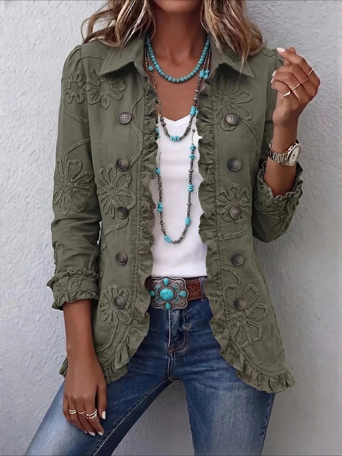 Long Sleeve Ruffle Edge Open Button Cardigan Coat