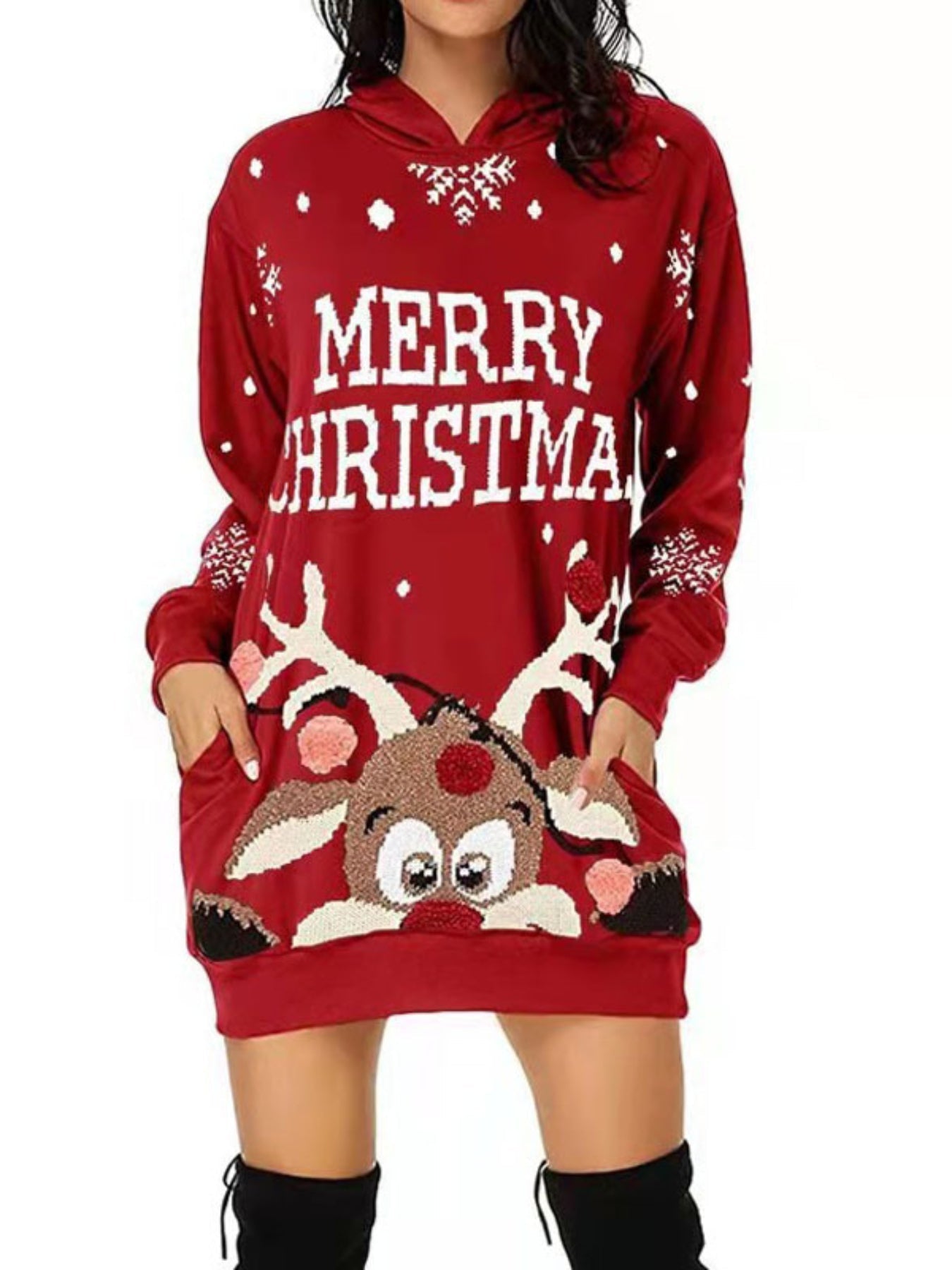 Christmas Print Casual Hoodie Dress Long Sleeve Hooded Dress