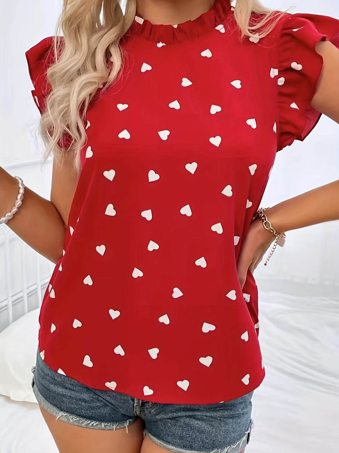 Heart Print Ruffle Trim Blouse, Casual Pleated Crew Neck Blouse