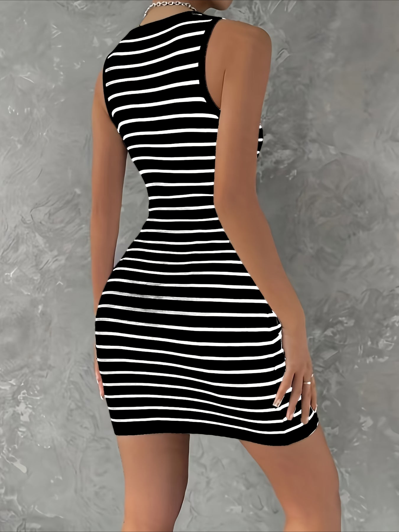 Striped Slim Fit V-Neck Sleeveless Button Detail Dresses