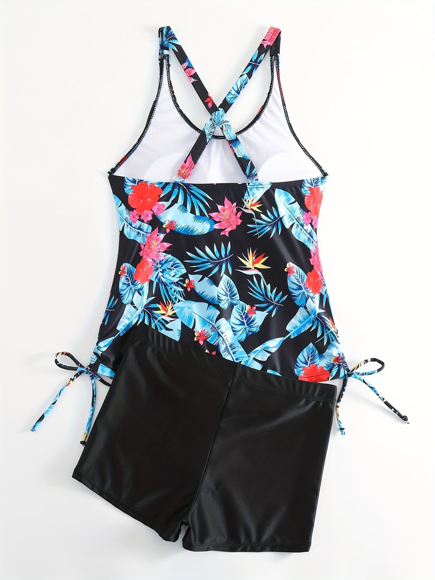 Tropical Print Round Neck Tankini Sets, Drawstring Straps Boxer Short Bottom Two Pieces Swimsuit