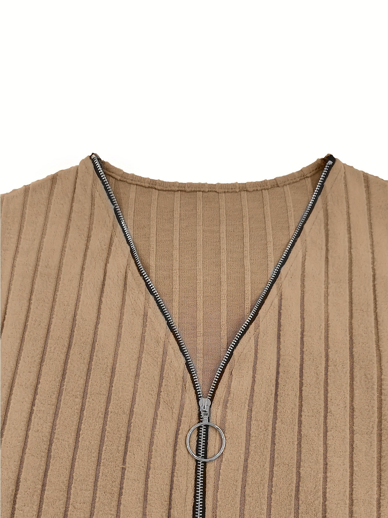 Basic Dress, Women's Solid Ribbed Long Sleeve Zipper V Neck Medium Stretch Bodycon Midi Dress