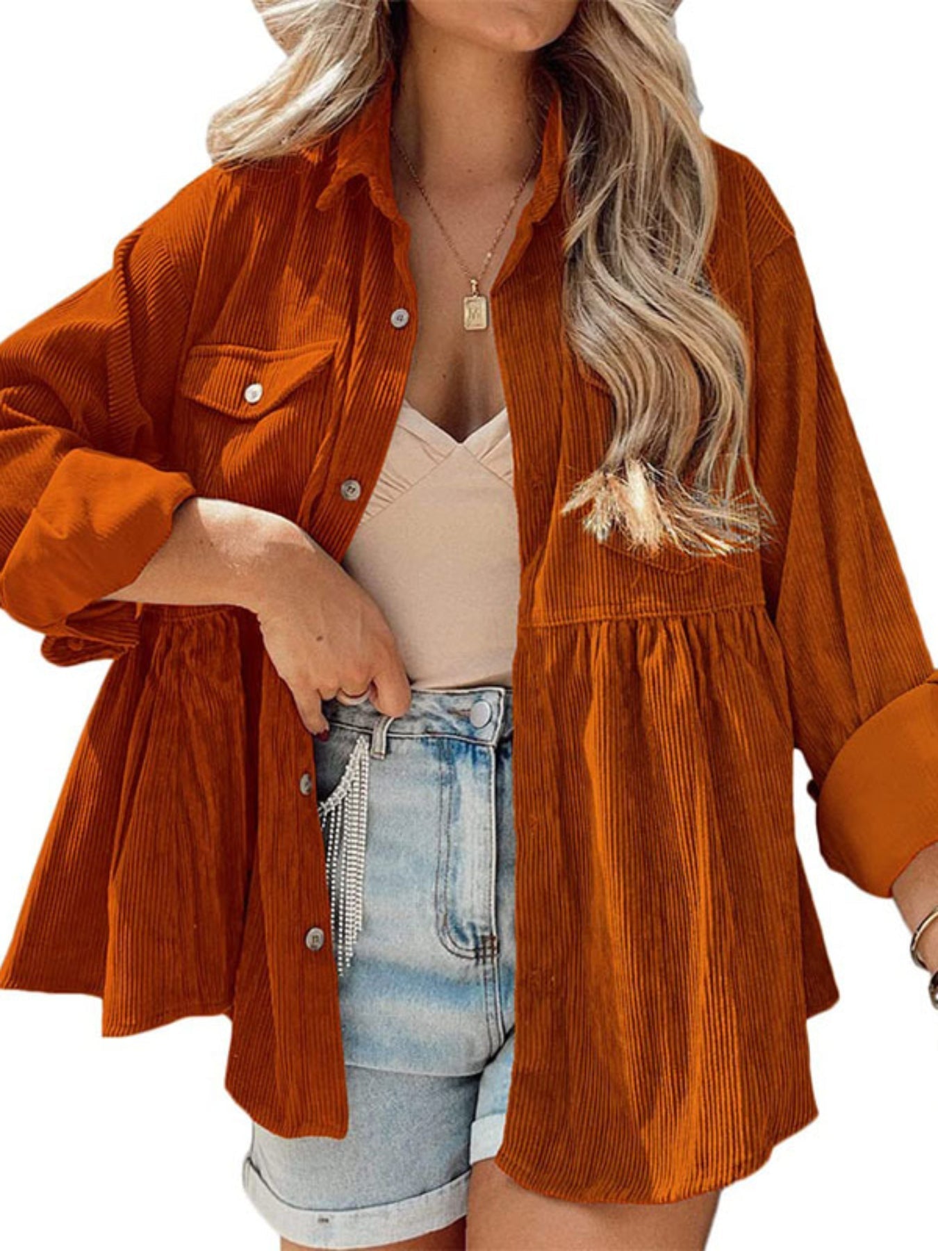 Corduroy Lapel Pocket Jacket, Casual Long Sleeve Button Down Fashion Single Breasted Loose Outerwear