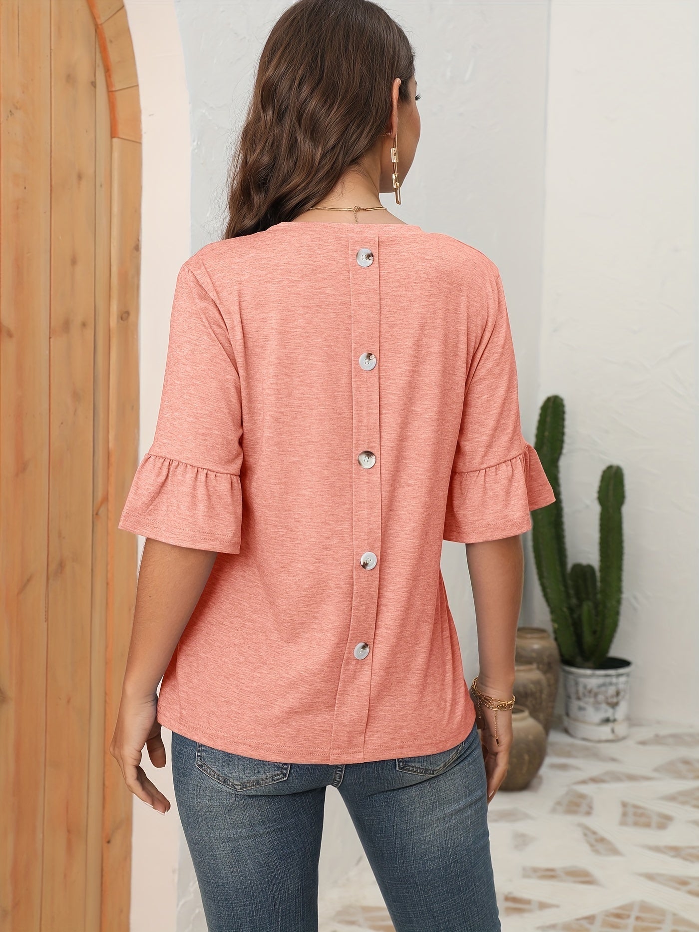Button Back Solid T-shirt, Casual Crew Neck Half Sleeve T-shirt