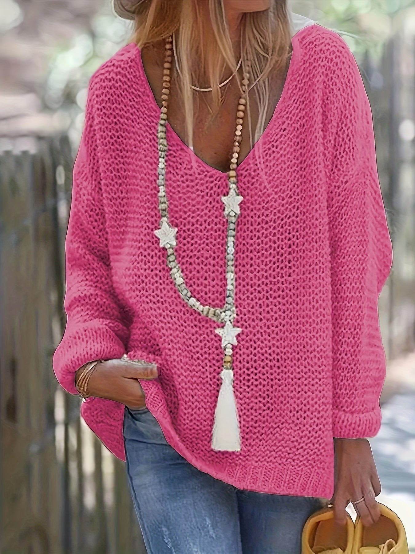 Solid V Neck Knitted Pullover Sweater, Casual Long Sleeve Sweater