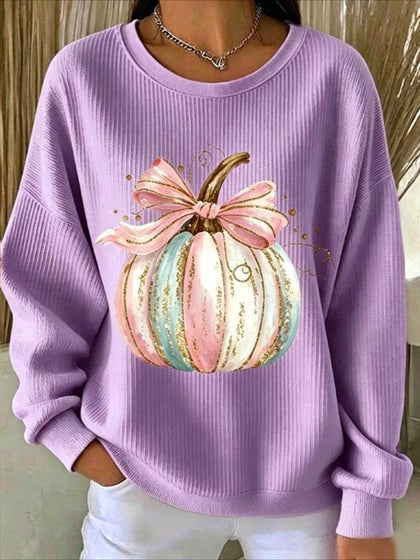 Pumpkins Halloween Printed Crew Neck Floral Long Sleeve Sweater Hoodie