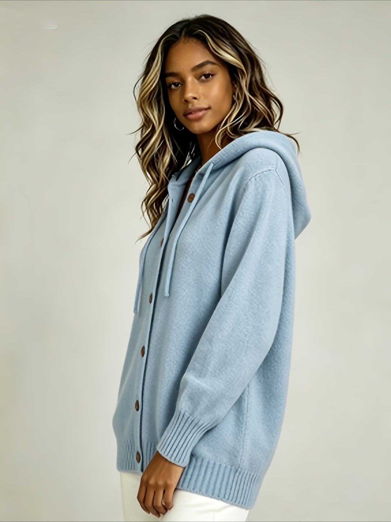 Solid Color Casual Hooded Cardigan Coat with Buttons