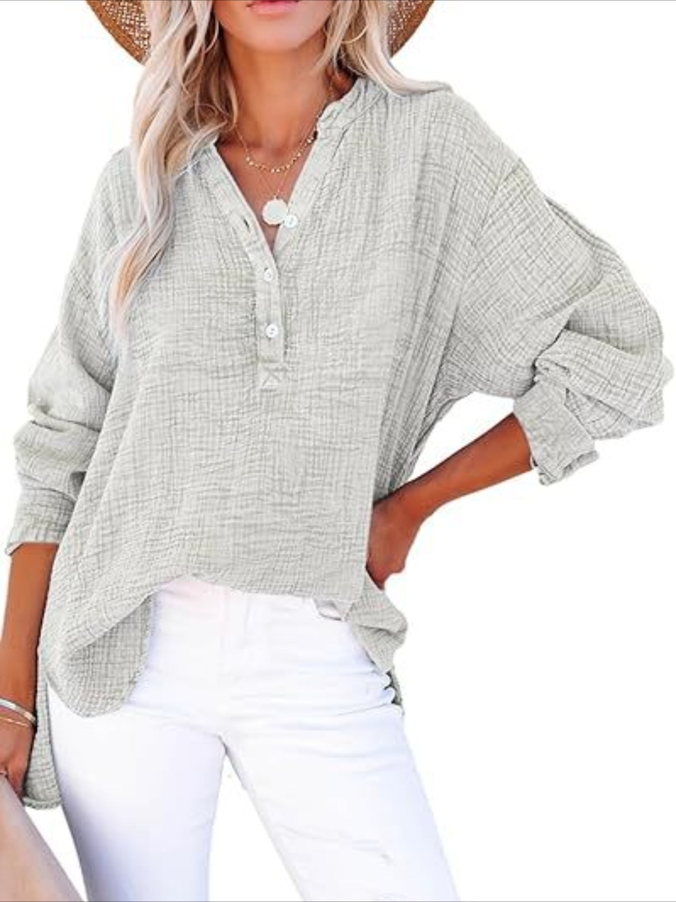 Long Sleeve Button Solid Color Pleated Detail Casual Oversized V-Neck Blouse