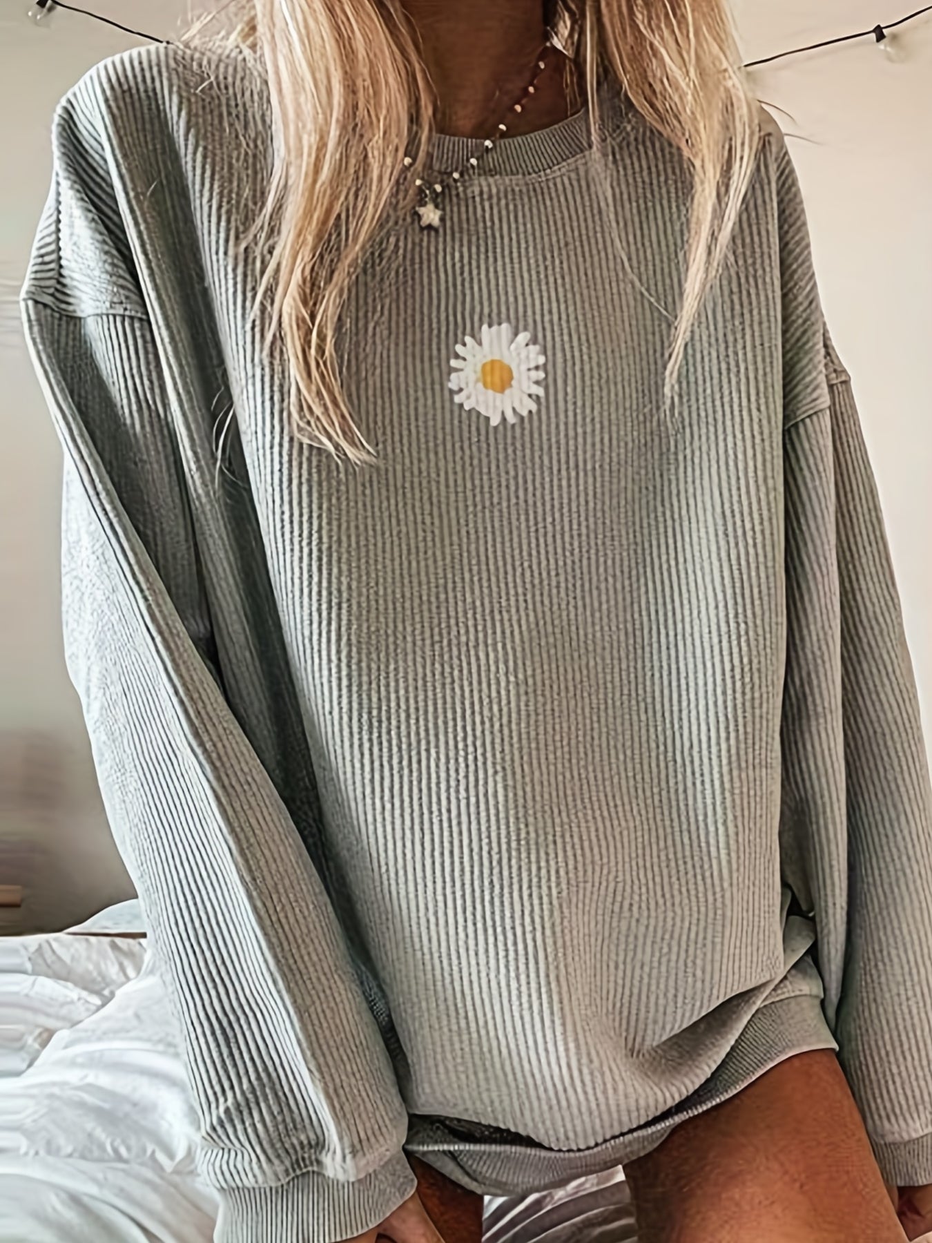 Drop Shoulder Floral Print T-Shirt, Casual Crew Neck Long Sleeve T-Shirt