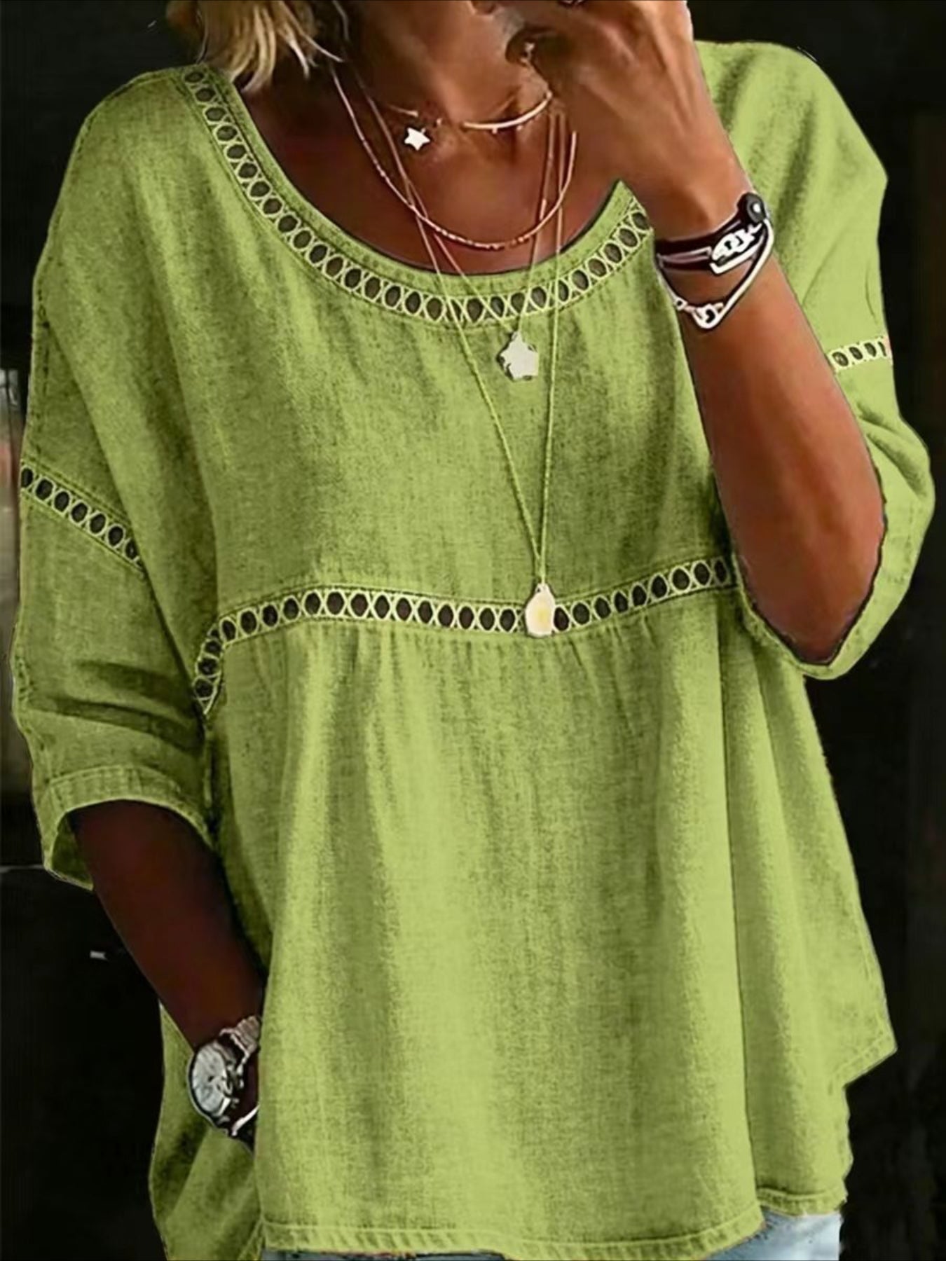 Printed Mid Sleeve Pleated Round Neck Top