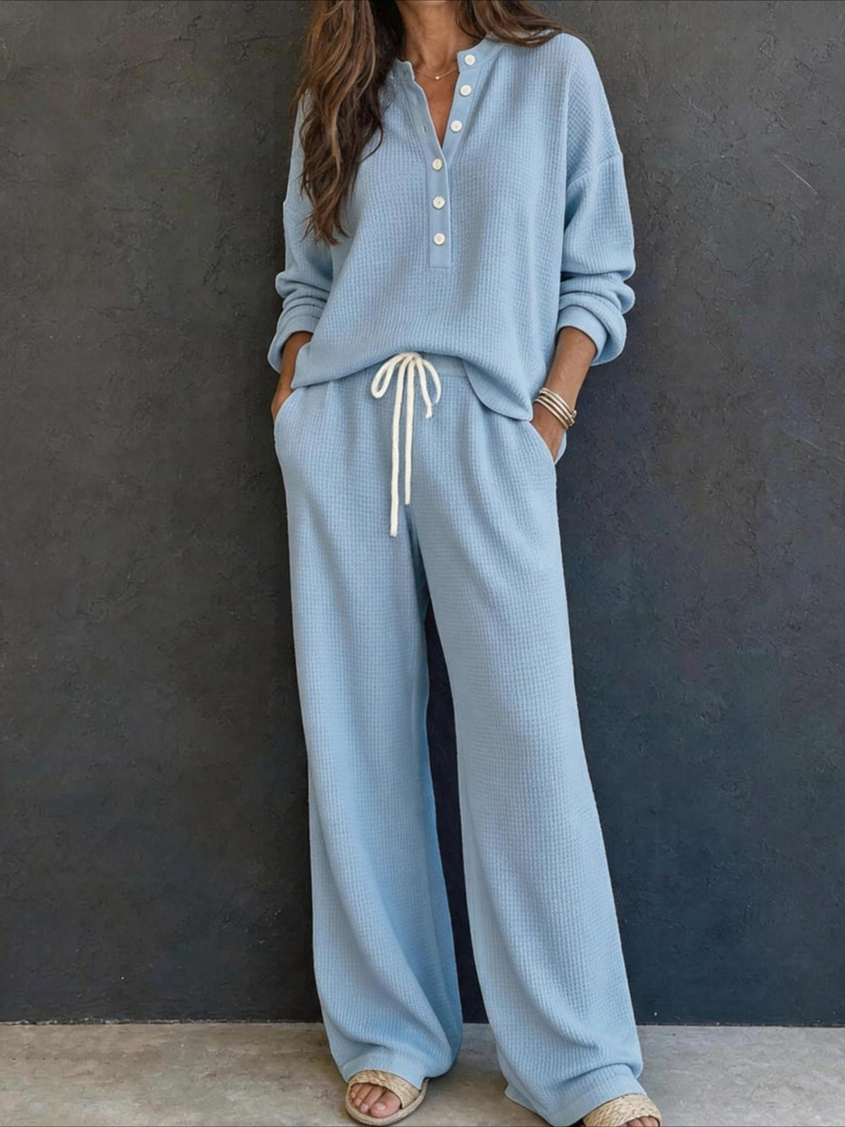 Waffle Knit Button Detail Top and Pants Set