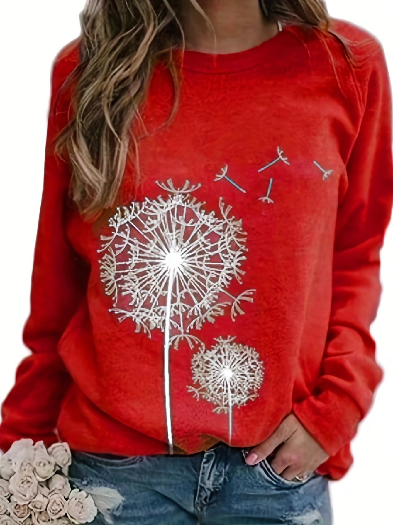 Dandelion Print Crew Neck T-shirt, Casual Loose Long Sleeve T-Shirts Tops
