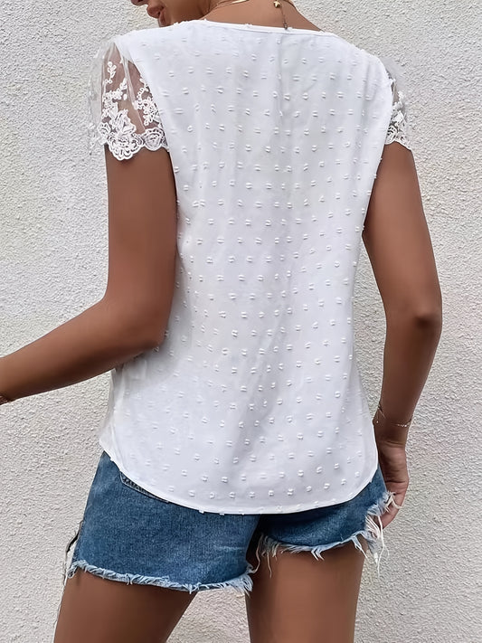 Lace V-neck Loose Blouses, Casual Button Down Lace Sleeve Fashion Shirts Tops