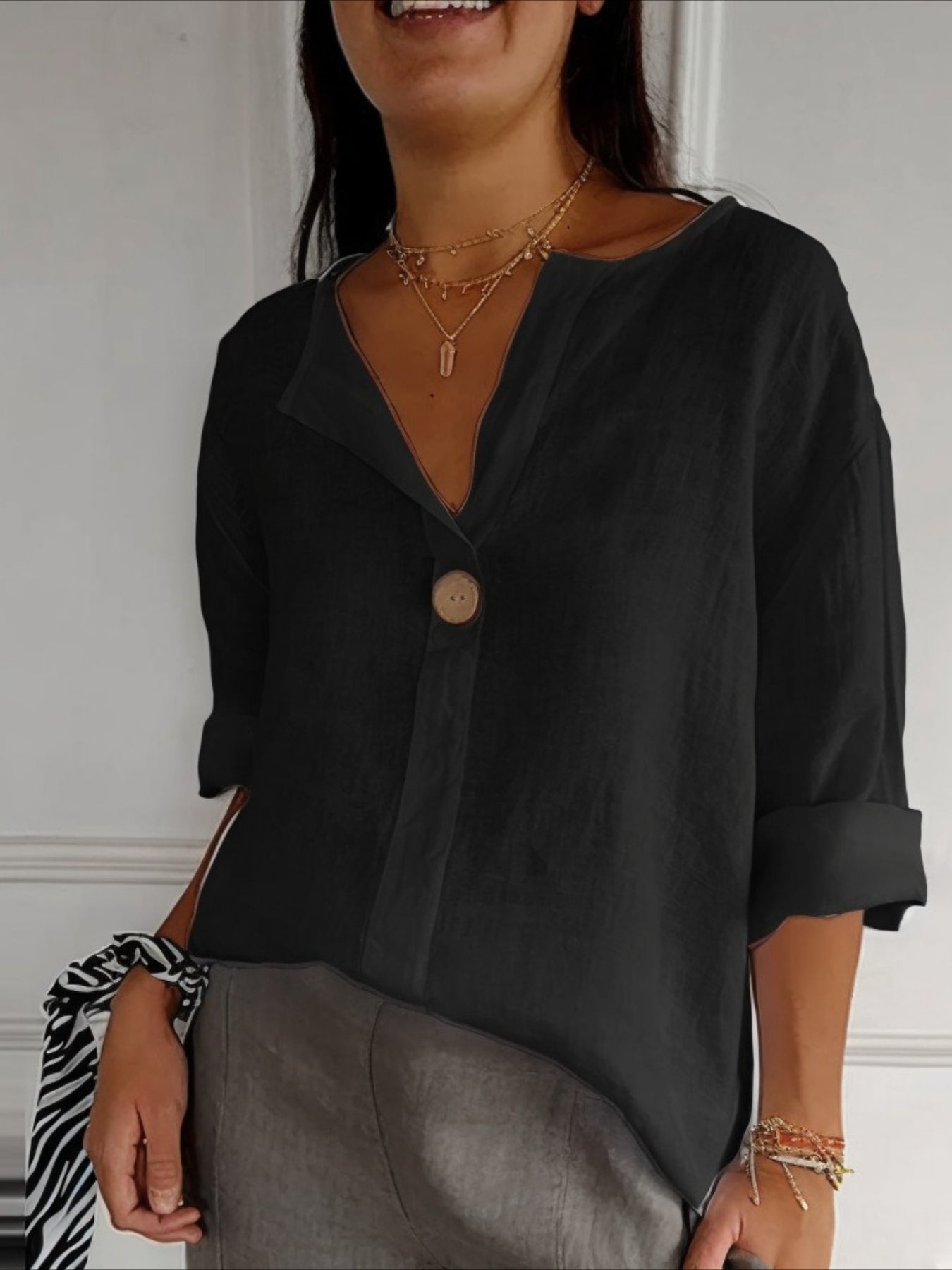 Cotton Linen Loose V Neck Casual Blouse