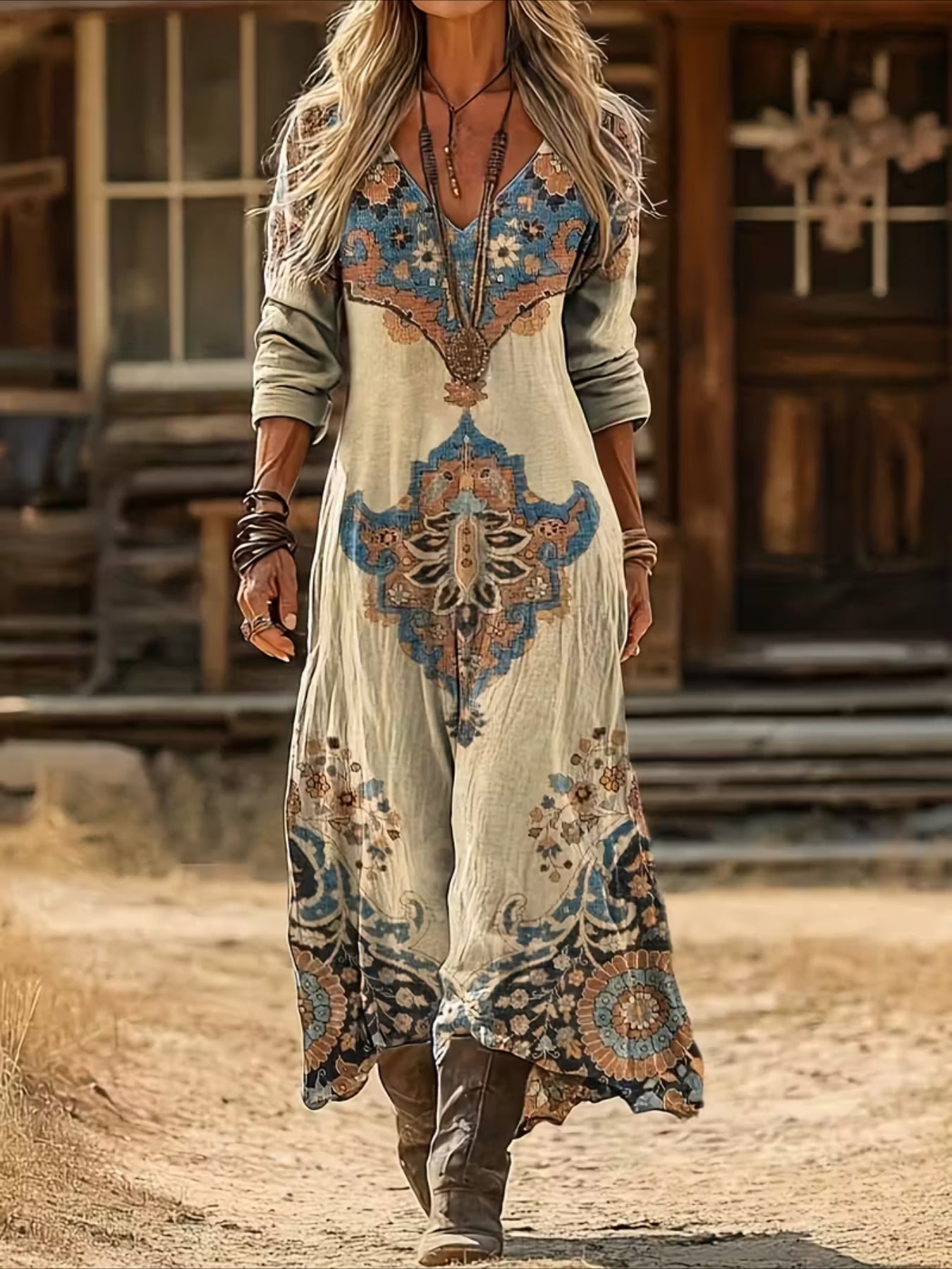 Vintage Ethnic Floral Digital Print Long Sleeve Dress