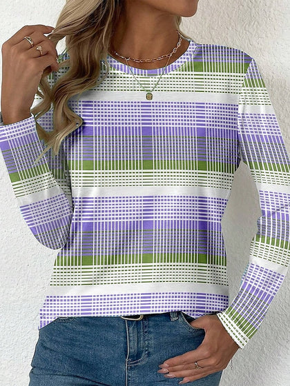Crew Neck Long Sleeve Tunic Graphic Plaid Stylish Modern Casual Regular T-shirt