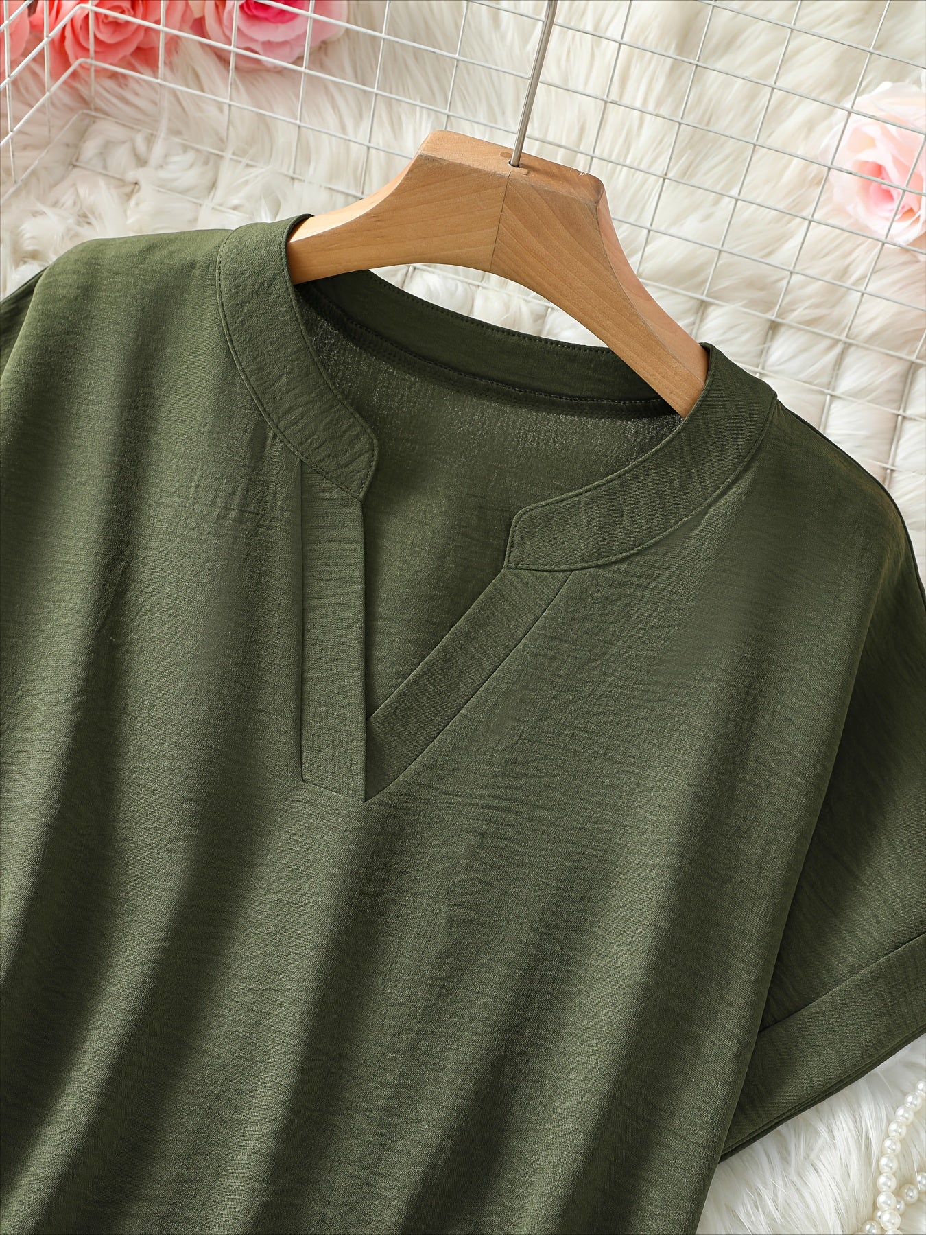 V-Neck Drop Shoulder Solid Color Loose Short Sleeve Shirt