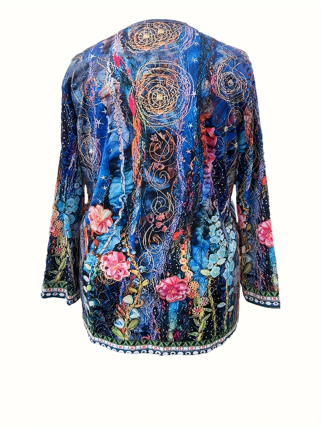 Floral Pattern Top, Elegant Open Front Long Sleeve Top