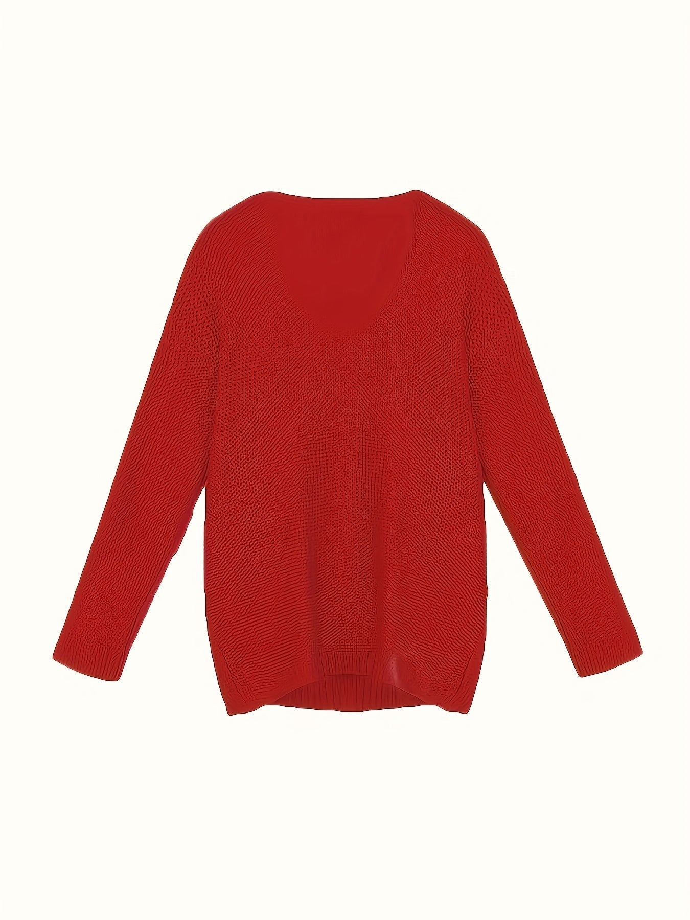 Solid V Neck Knitted Pullover Sweater, Casual Long Sleeve Sweater