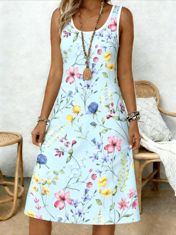 Floral Summer Crew Neck Sleeveless Tank A-Line Dress