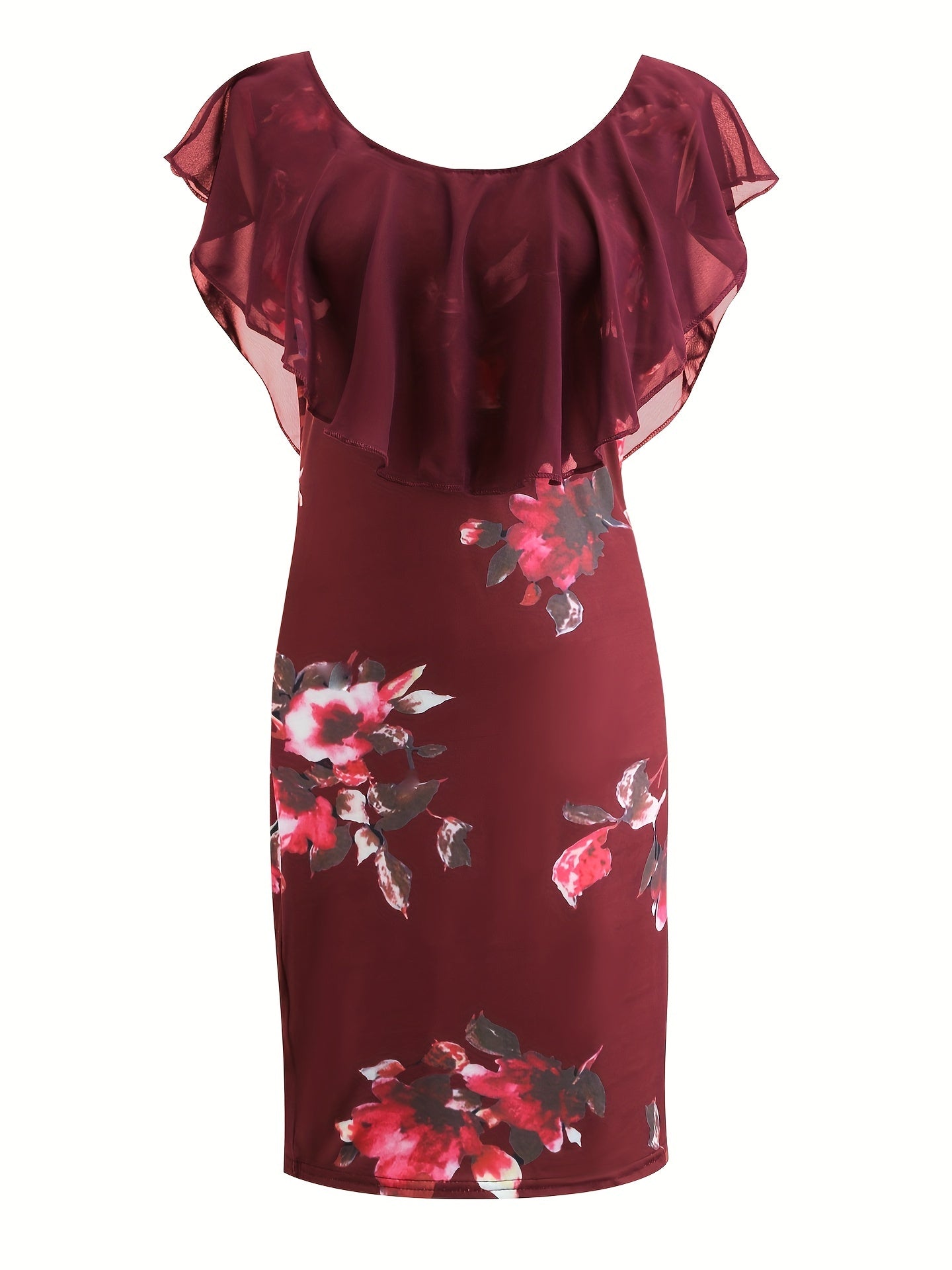 Floral Print Ruffle Trim Dress, Casual Beach Summer Short Sleeve Scoop Neck Bodycon Mini Dress