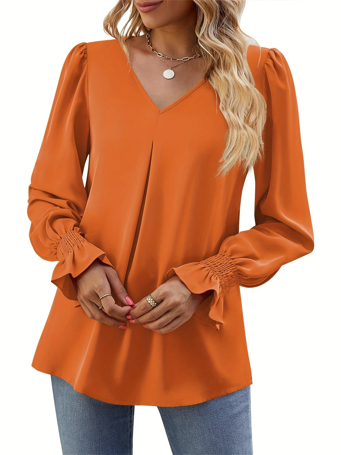 Solid V Neck Simple Blouse, Elegant Long Sleeve Ruched Blouse