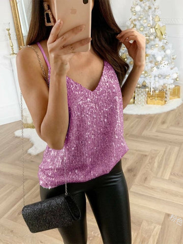 Solid Color Contrast Sequin Tank Top, Y2K Sleeveless Strappy Tank Top